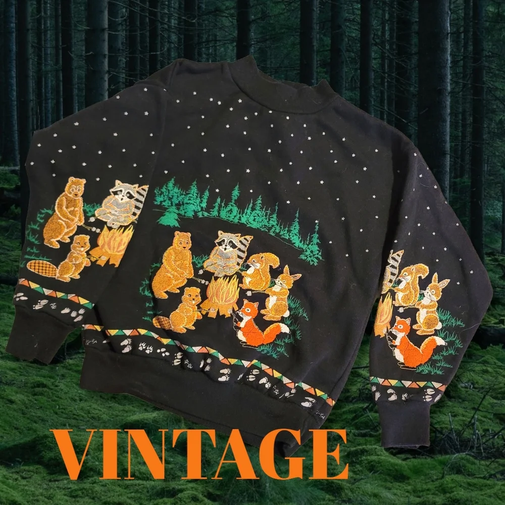 Vintage 70s Childs Sweatshirt Campfire Forest Friends Printed Both Sides Iconic - Picture 1 of 7
